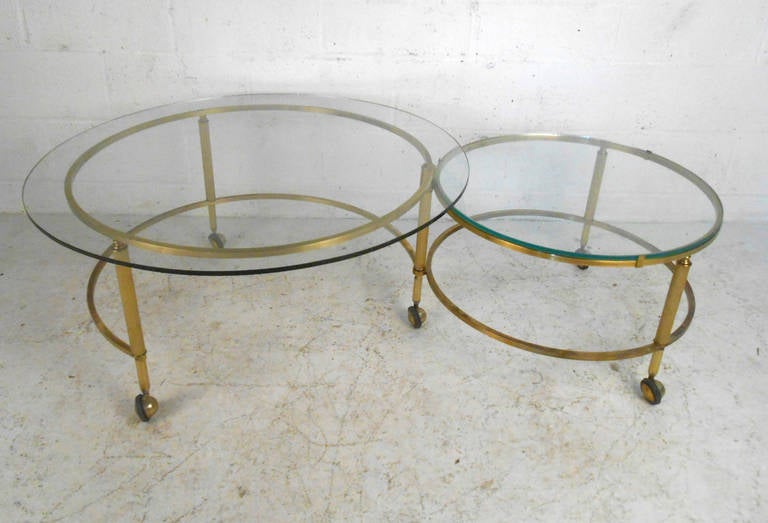 Mid-20th Century Unique Mid-Century Modern Two-Tier Brass and Glass Pivoting Cocktail Table