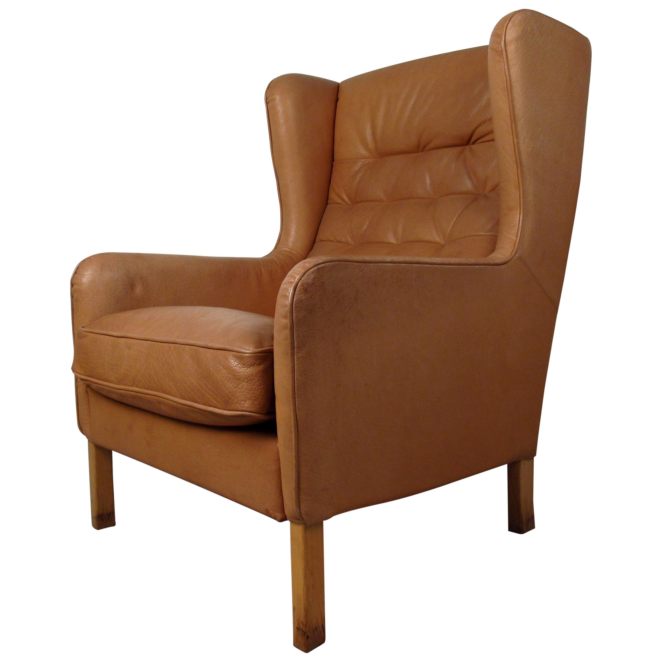 Mid-Century Modern Tufted Leather Wingback Lounge Chair