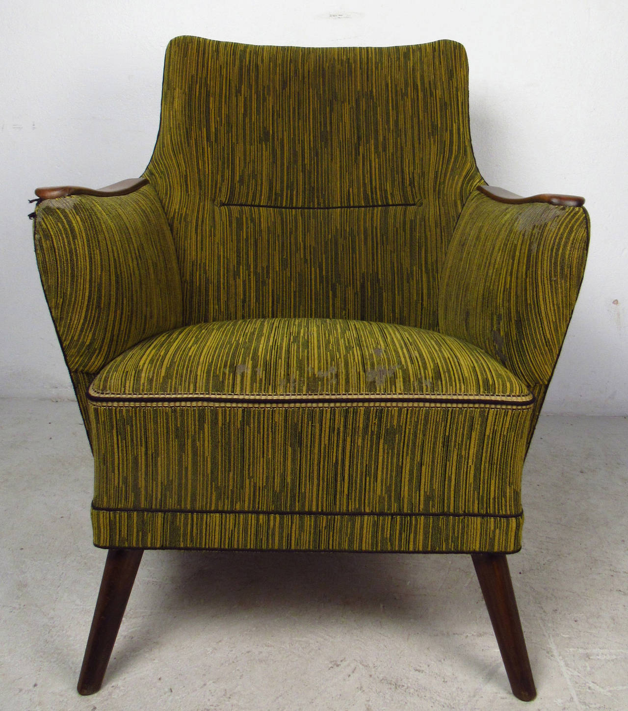 Vintage-modern sculpted Danish lounge chair, features striped upholstery, teak legs and armrests, designed in the manner of Mogens Lassen.

Please confirm item location NY or NJ with dealer.