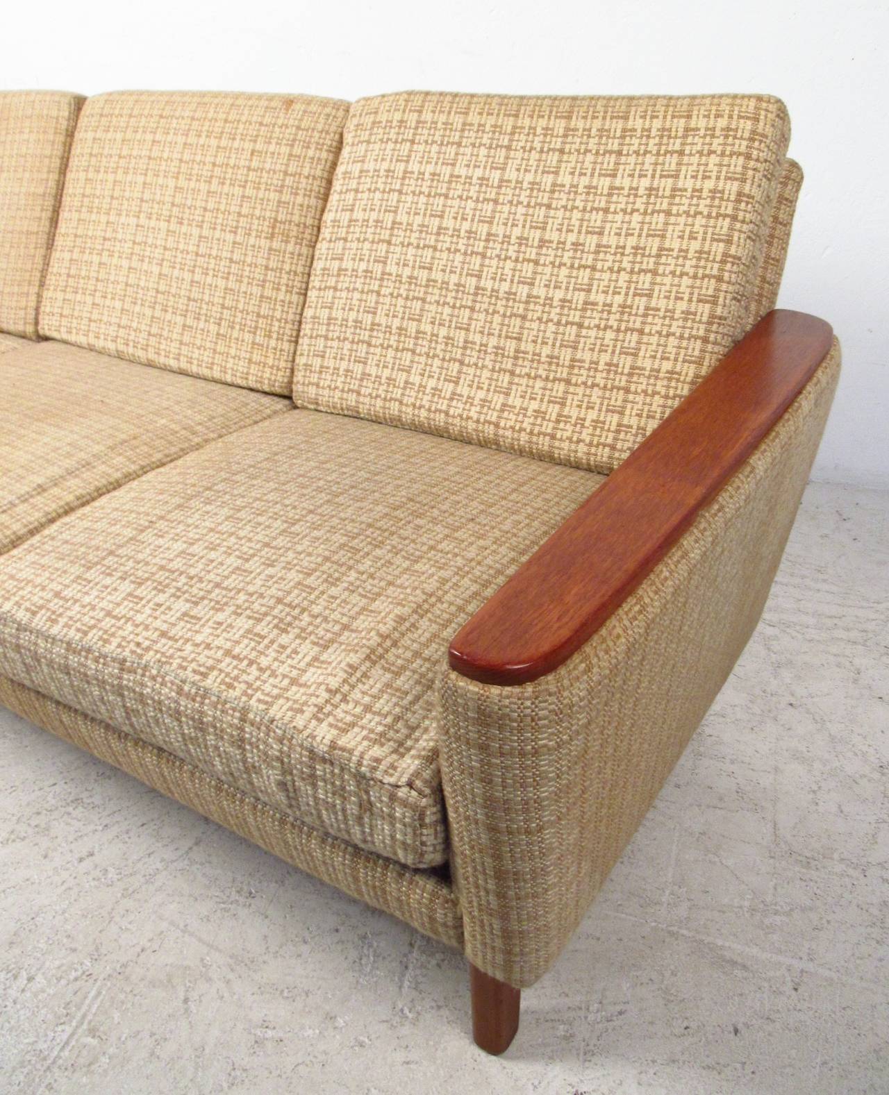 Scandinavian Modern Vintage Three-Seat Sofa With Teak Armrests