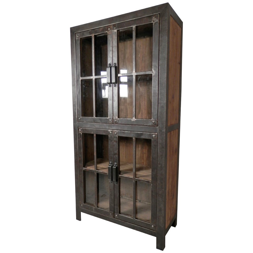 Reclaimed Iron and Wood Glass Door Cabinet