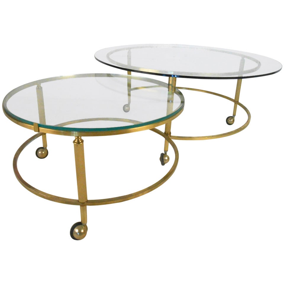 Unique Mid-Century Modern Two-Tier Brass and Glass Pivoting Cocktail Table