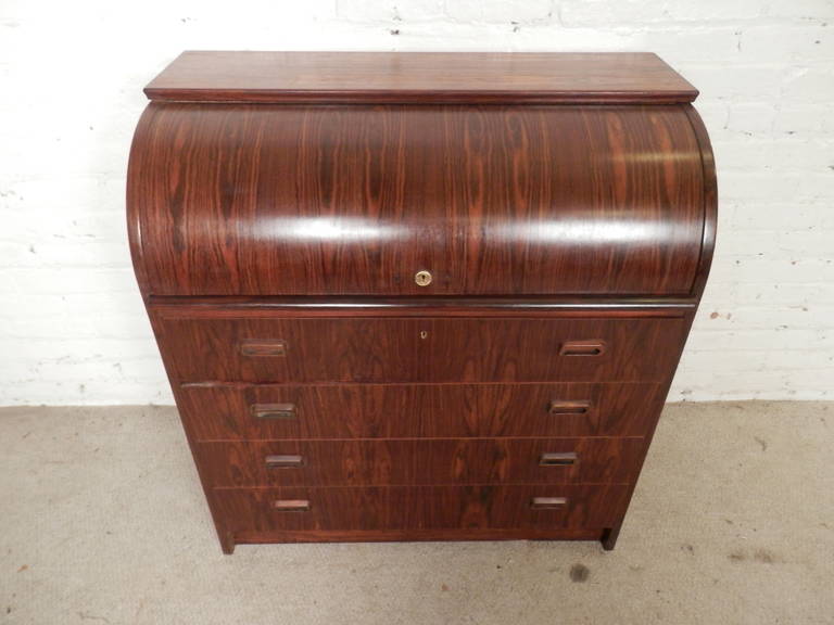 Brass Danish Mid-Century Rosewood Roll Top Dresser