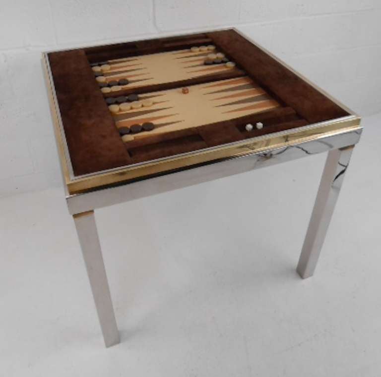 Signed & stamped, suede top backgammon table by Willy Rizzo. Please confirm item location (NY or NJ) with dealer.