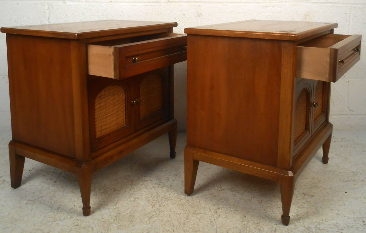 Mid-20th Century Pair of Midcentury Cane Front Nightstands