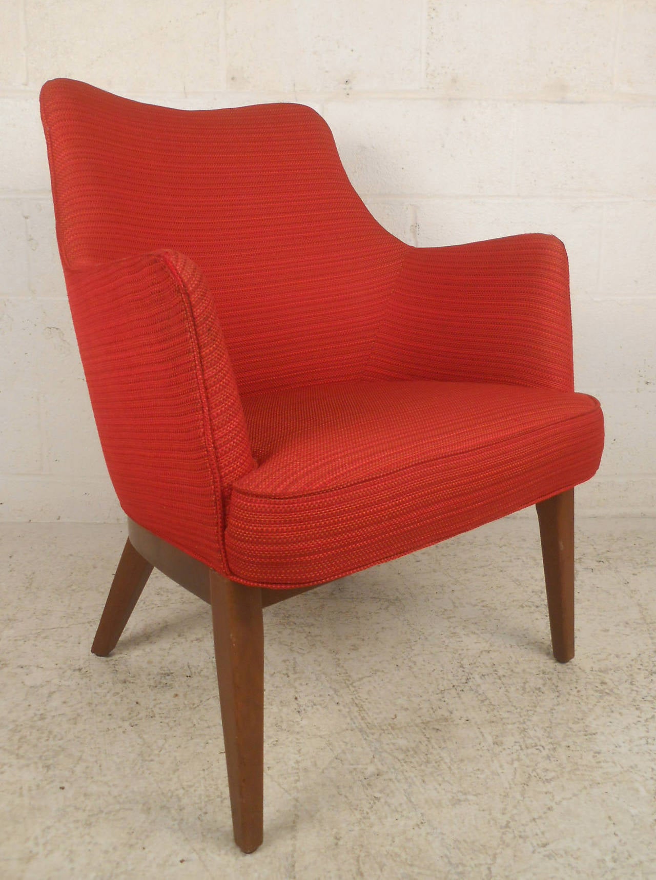 Danish vintage-modern matching upholstered lounge chair with tapered teak legs, designed in the manner of Mogens Lassen.

Price is for one chair, two in stock. Please confirm item location NY or NJ with dealer.