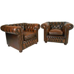 Pair Of Vintage Tufted Leather Chesterfield Club Chairs