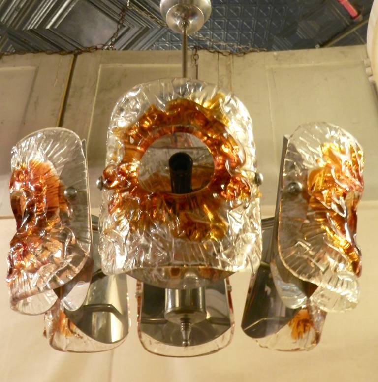 Gorgeous Italian chandelier with six amber tinted glass panes over polished chrome back plates. A truly artistic handmade piece for your entry or living room.

(Please confirm item location - NY or NJ - with dealer).