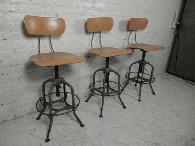 American Machine Age Style Adjustable Drafting Stools By Toledo Co.