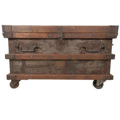 Antique Industrial Metal And Wood Rolling Trunk