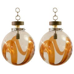 Pair Of Large Mid-Century Glass Pendants By AV Mazzega