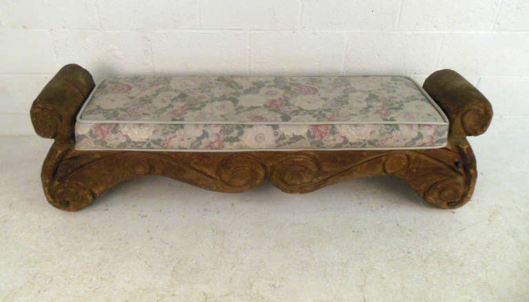 This simple rustic bench featured carved hardwood with an upholstered seat. This long sixty inch long bench is suitable for home or business. Please confirm item location (NY or NJ).