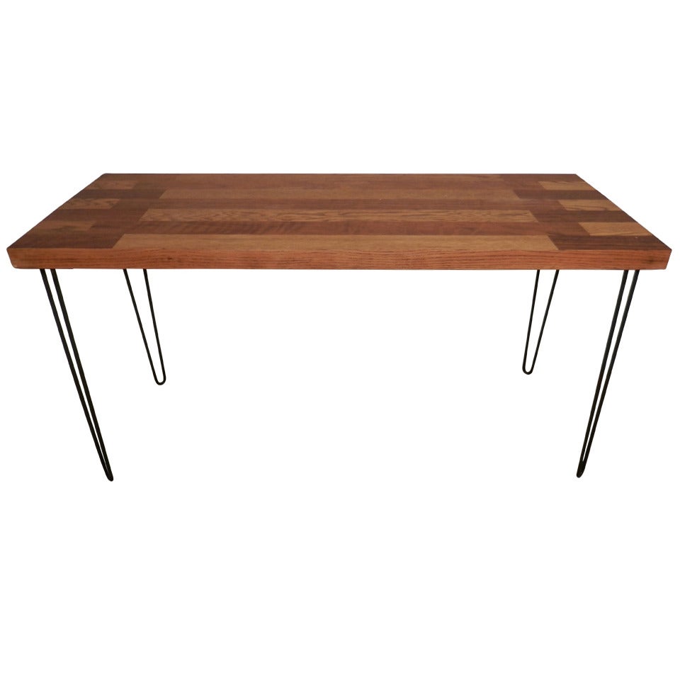 Mid-Century Butcher Block Table On Hairpin Iron Legs