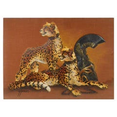 Vintage Mid-Century Modern Roman Cheetah Oil Painting on Burlap Canvas by Wyman