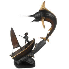 Mid-Century Modern Style Fisherman With Marlin Bronze Sculpture