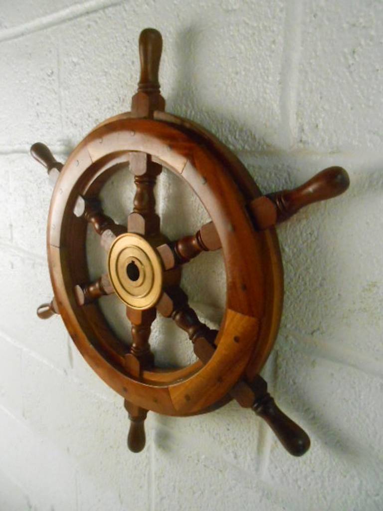 20th Century Vintage Nautical Hardwood And Brass Ship Wheel