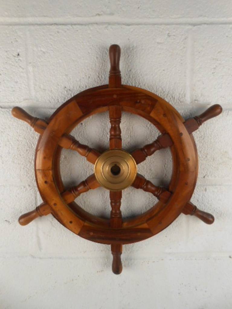 Vintage Nautical Hardwood And Brass Ship Wheel 1