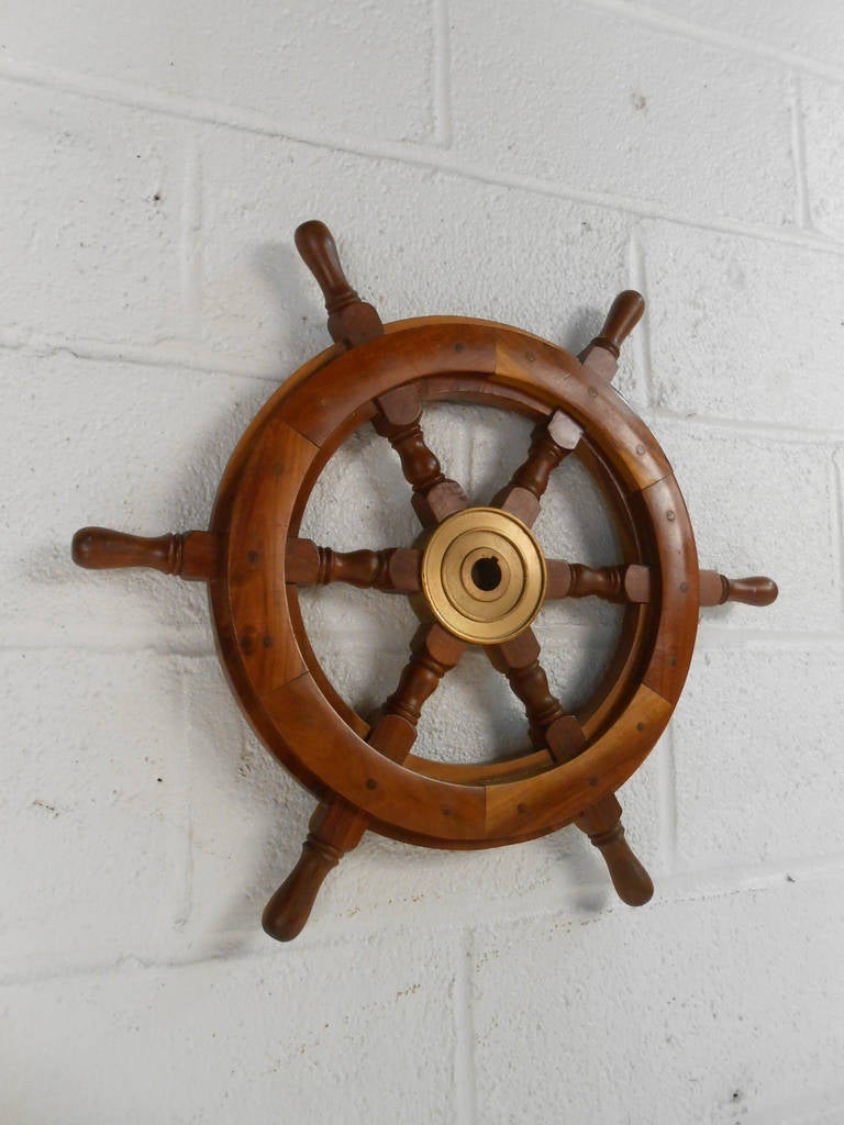 Unknown Vintage Nautical Hardwood And Brass Ship Wheel