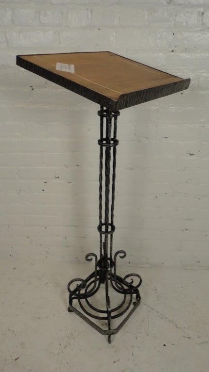 Decorative etched metal base with reclaimed wood top Bible stand.