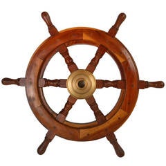 Vintage Nautical Hardwood And Brass Ship Wheel