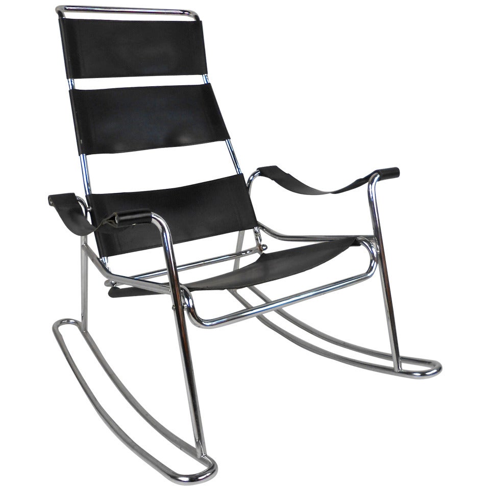 Mid-Century Modern Wassily Style Leather Strap and Chrome Rocking Chair