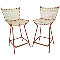 Unique Pair of Mid-Century Iron and Vinyl Counter Stools