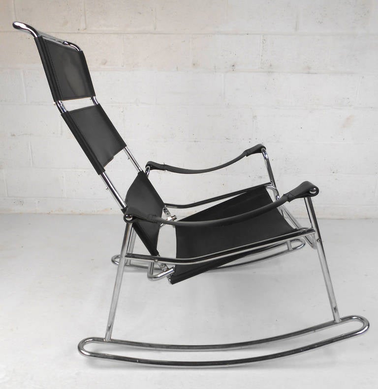 Italian Mid-Century Modern Wassily Style Leather Strap and Chrome Rocking Chair