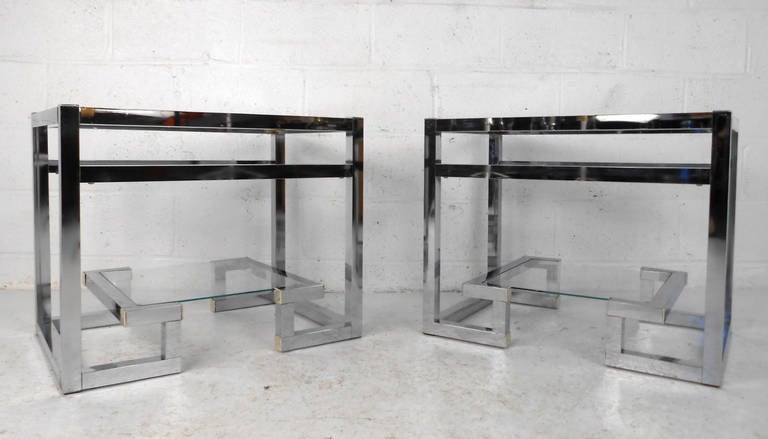 American Mid-Century Modern Baughman Style Chrome and Glass End Tables For Sale