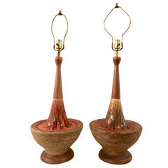 Beatiful Mid-Century Teak and Pottery Table Lamps