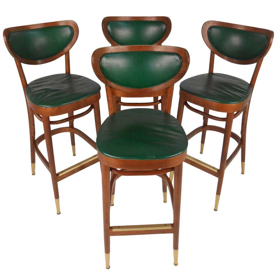 Set of Mid-Century Modern Walnut And Vinyl Barstools