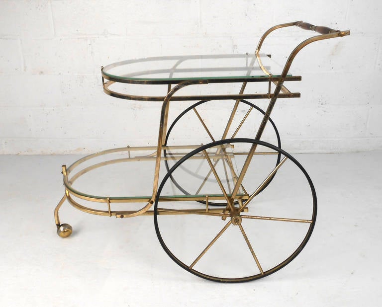 Unique Mid-Century Modern Brass And Glass Bar Cart In Good Condition In Brooklyn, NY