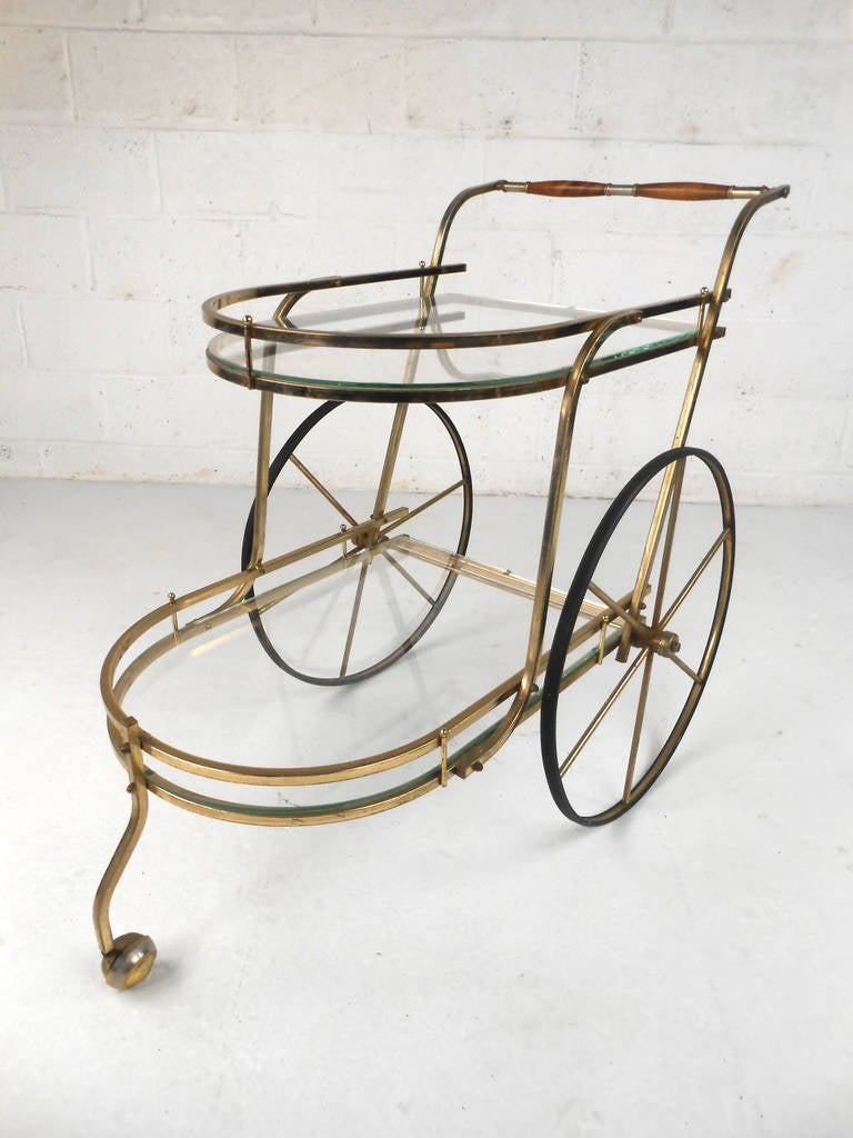 Unique Mid-Century Modern Brass And Glass Bar Cart