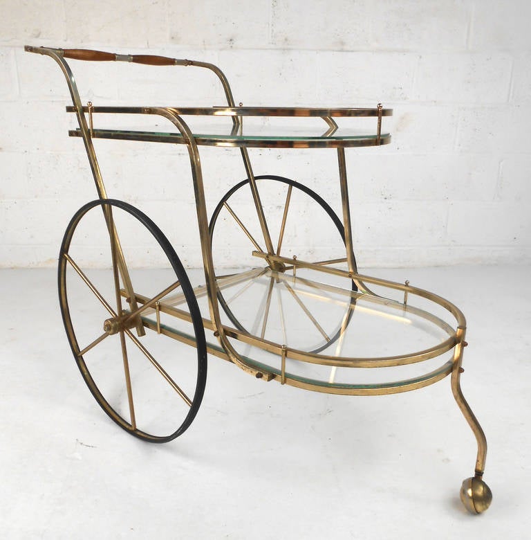 American Unique Mid-Century Modern Brass And Glass Bar Cart