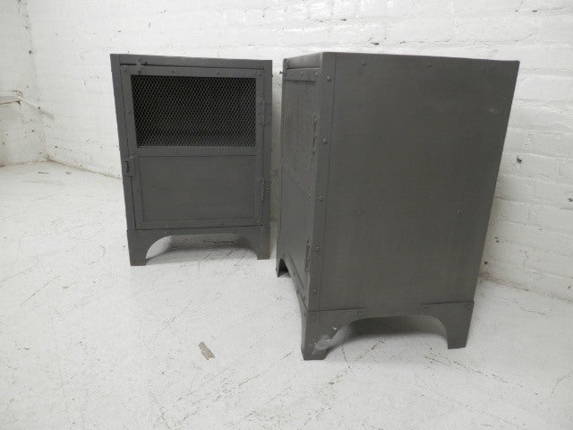 Unique looking industrial metal nightstands with door. Exposed rivets give a cool machine age look. Each has a removable shelf.