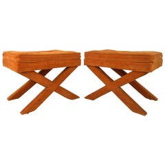 Pair of Unique Tufted Mid-Century Micro-Suede Ottomans Footstools 12