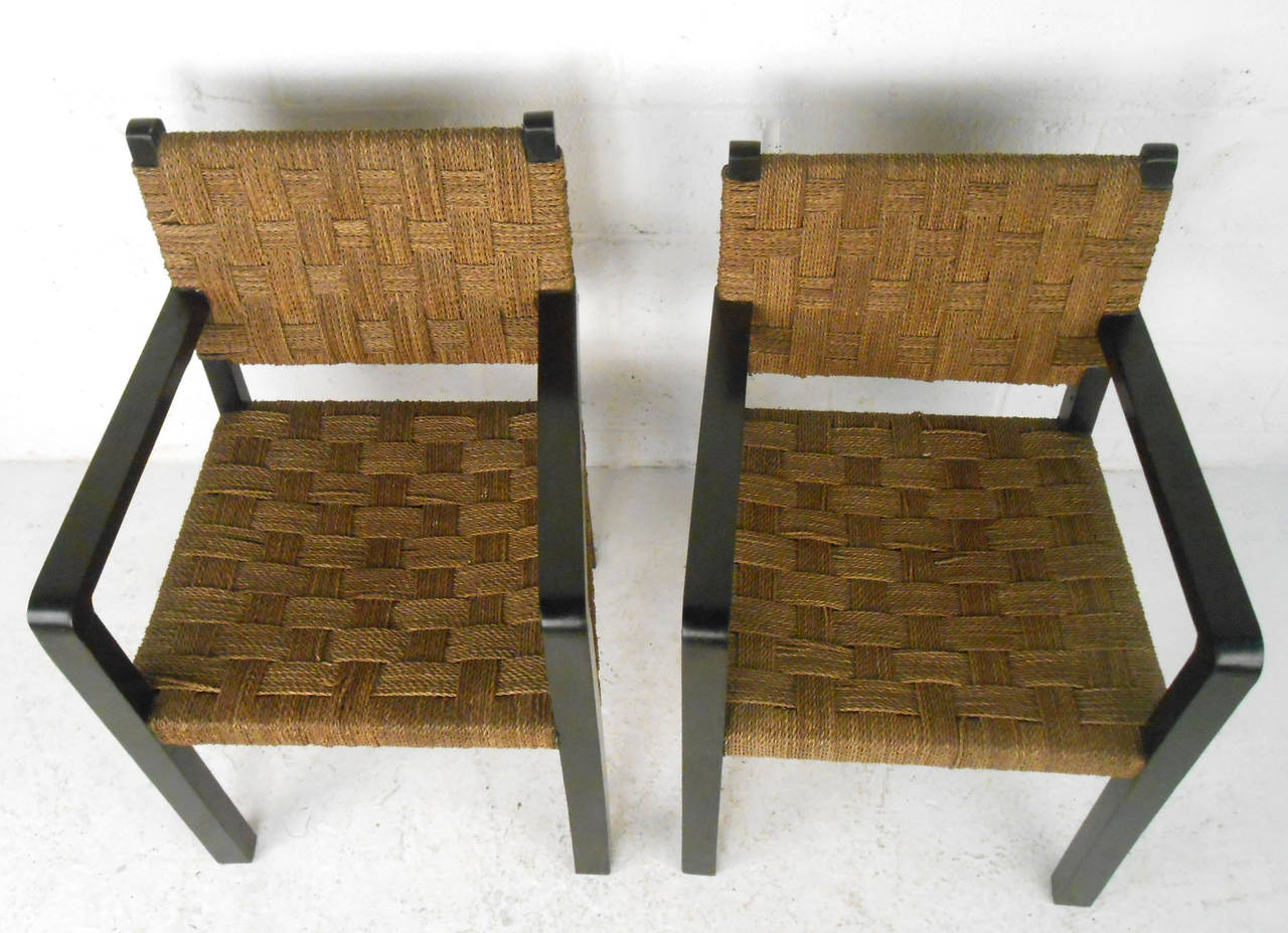 Wood Pair Unique Mid-Century Modern Rope Side Chairs