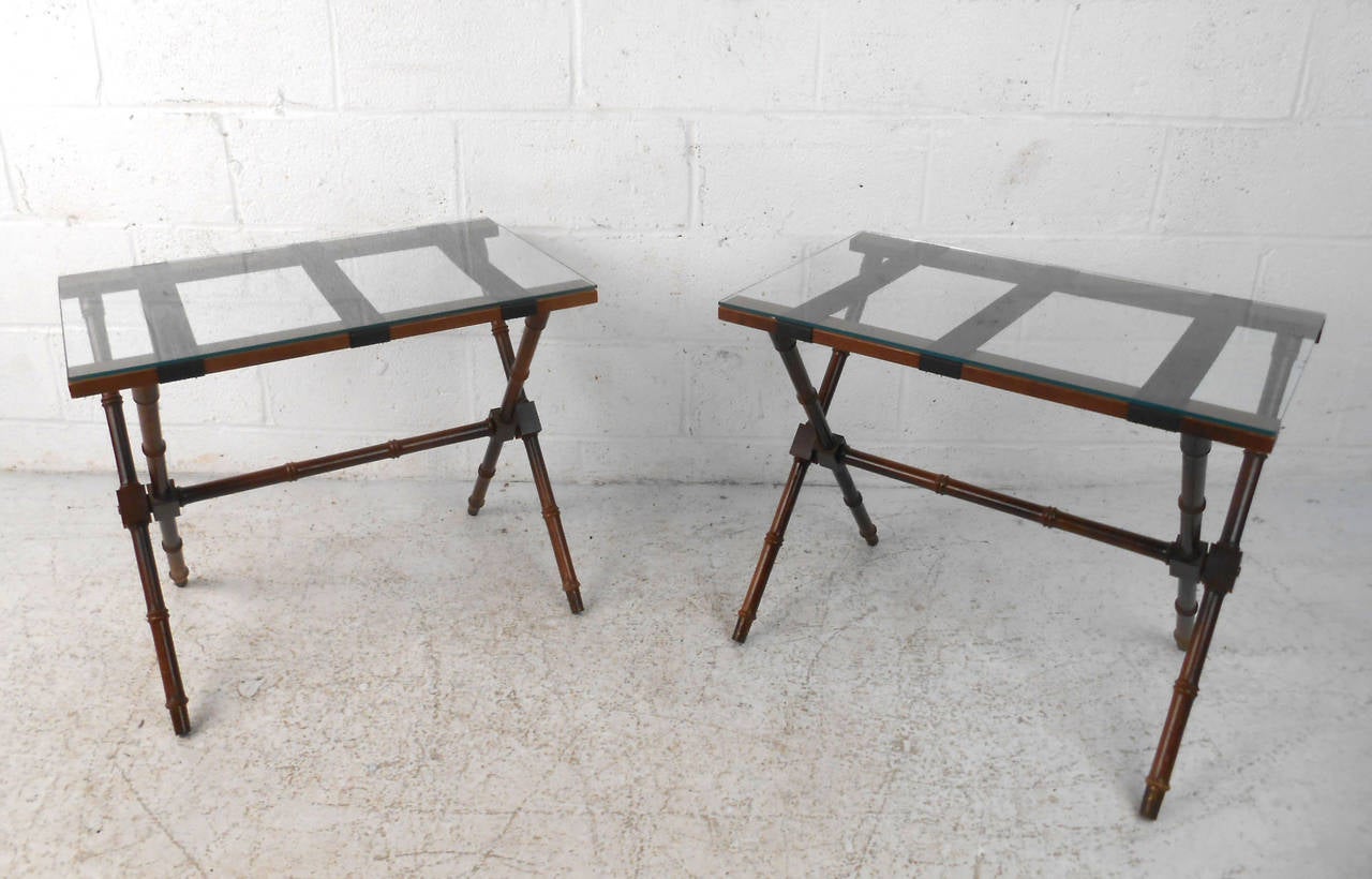 American Pair of Mid-Century Modern Glass Top Folding Serving Tables