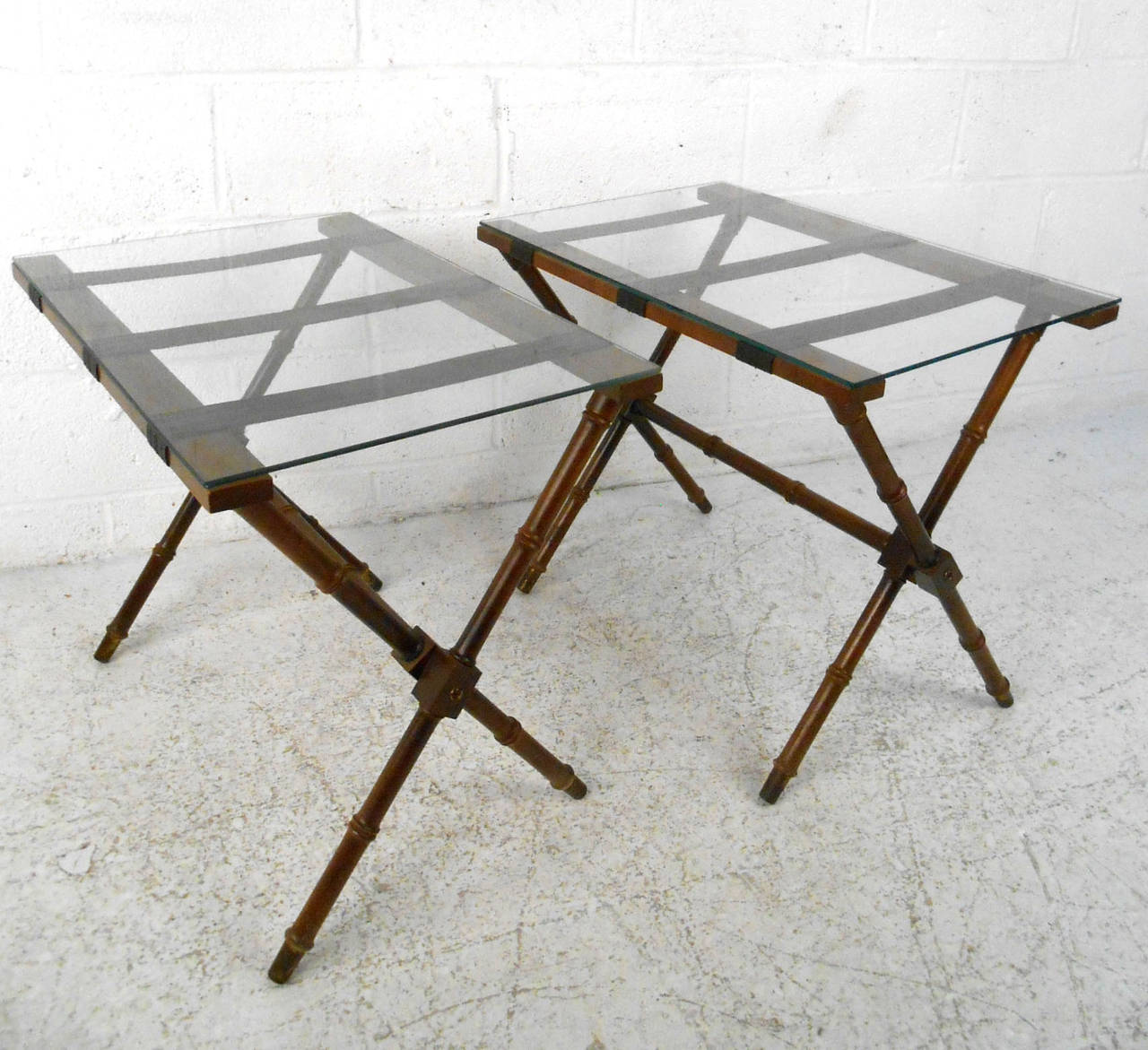 Mid-20th Century Pair of Mid-Century Modern Glass Top Folding Serving Tables