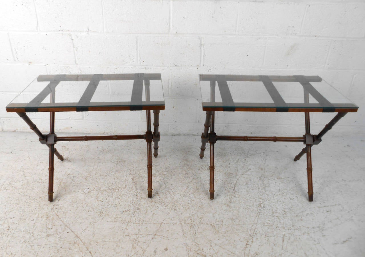 Pair of Mid-Century Modern Glass Top Folding Serving Tables 1