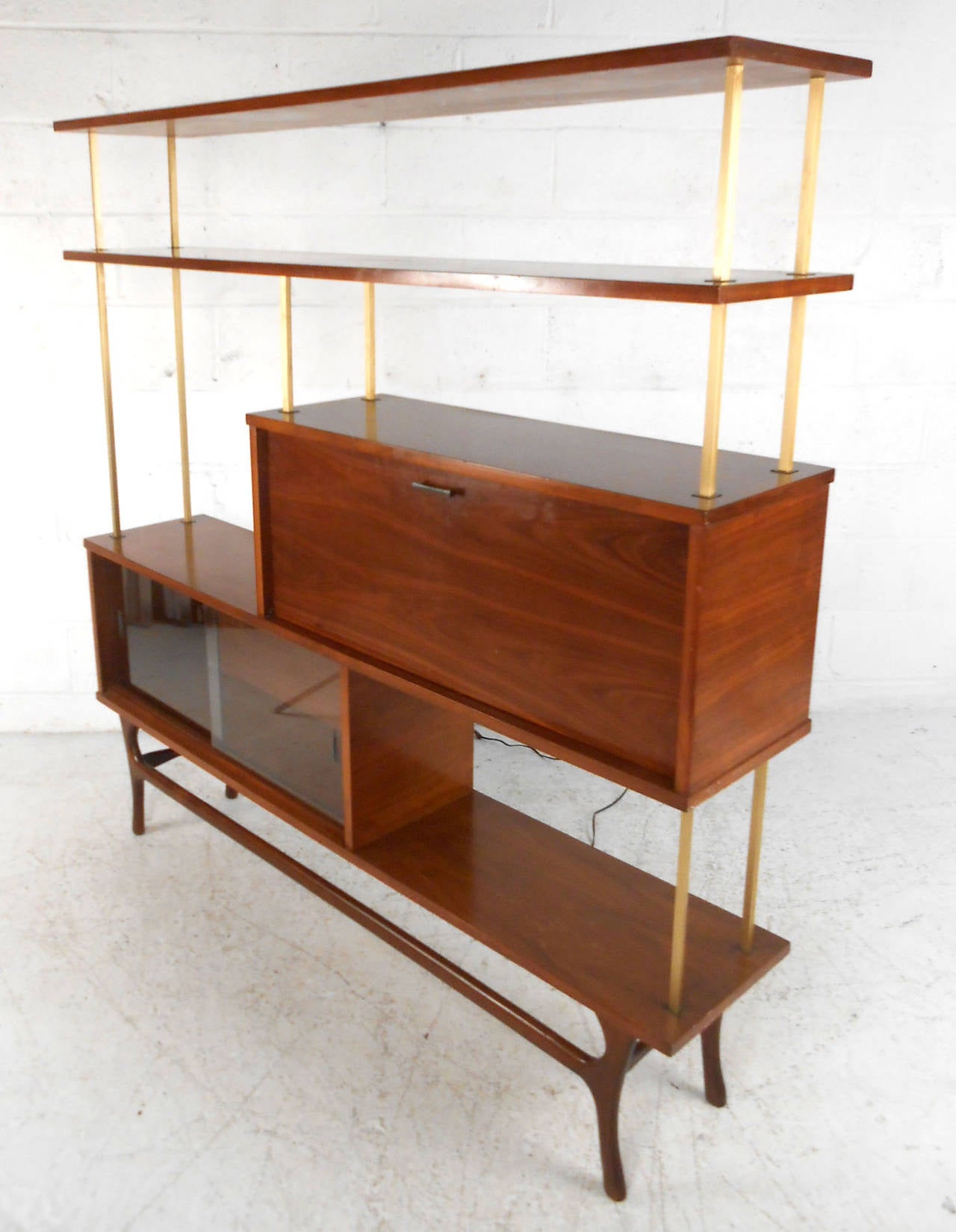 Unique Mid Century Modern Walnut Wall Unit Room Divider With Dry Bar This Beautiful Vintage Display Features A Combination Of Open Shelf E Cabinet Storage And
