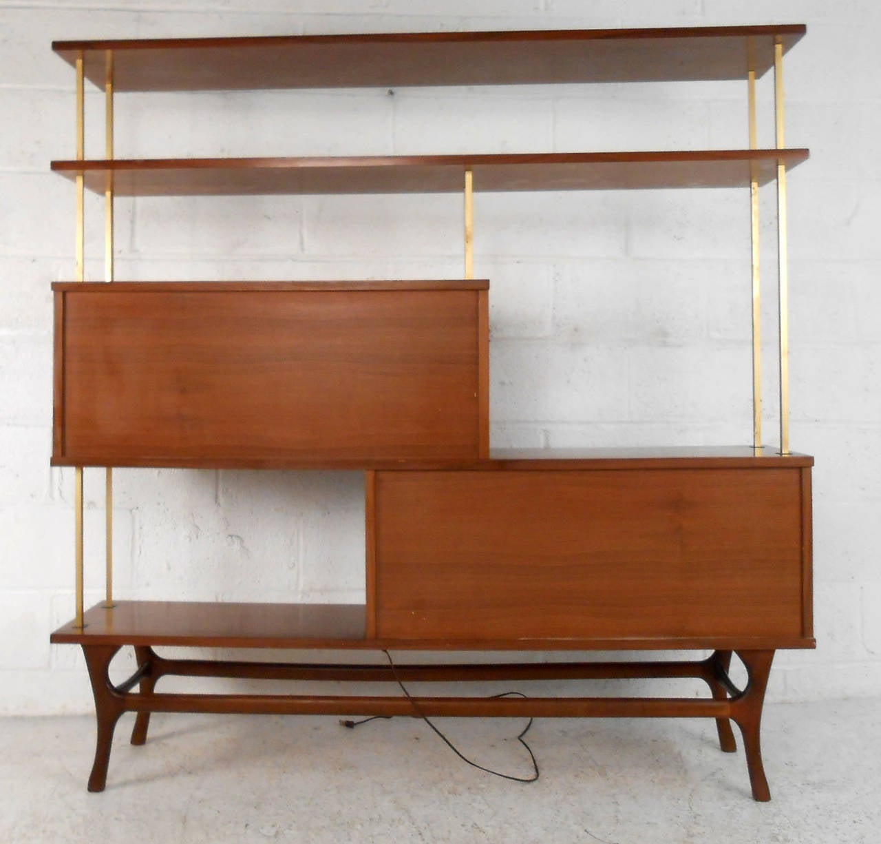 American Unique Mid-Century Modern Walnut Wall Unit Room Divider With Dry Bar