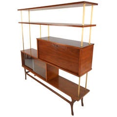 Unique Mid-Century Modern Walnut Wall Unit Room Divider With Dry Bar