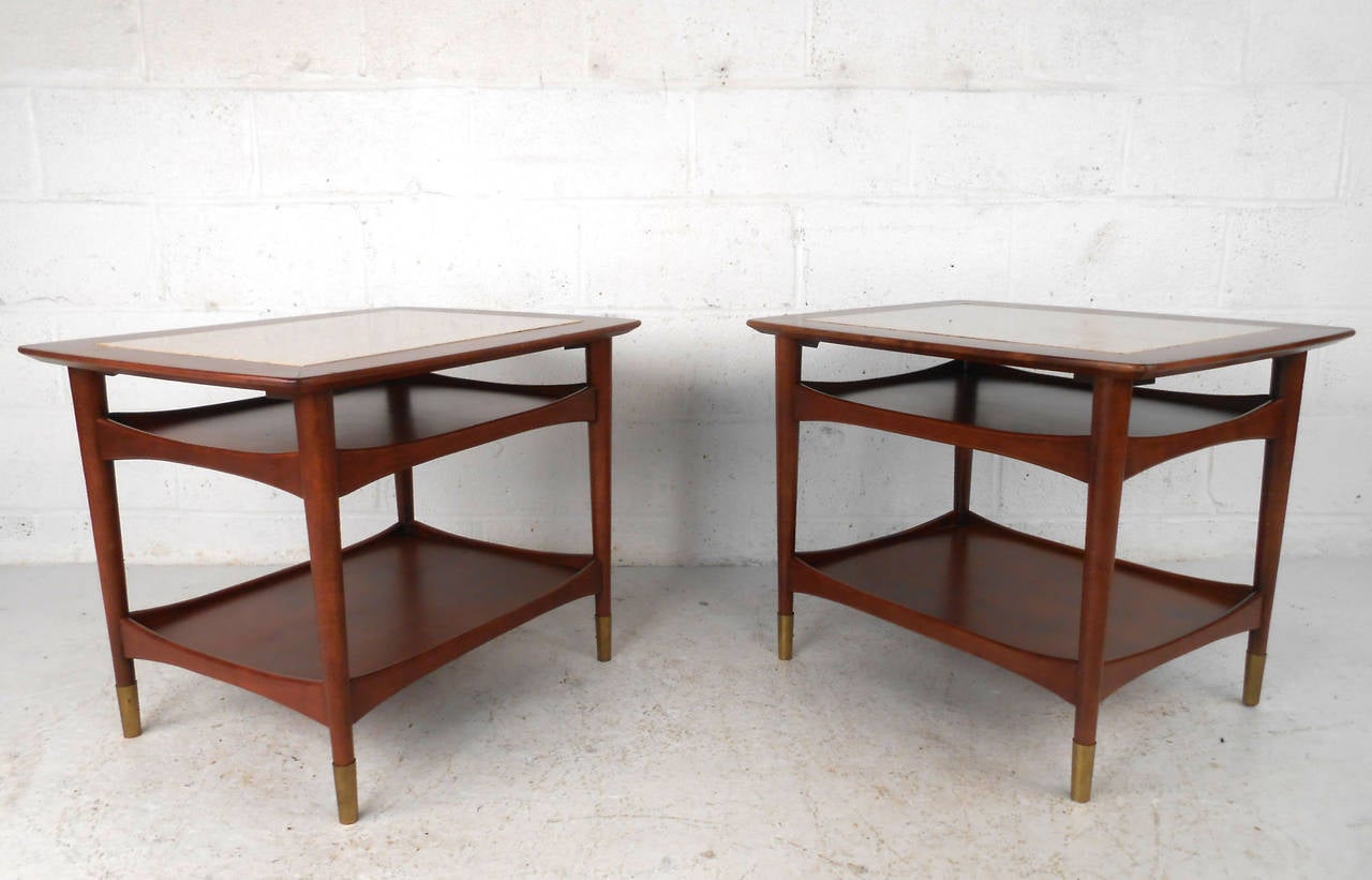American Unique Mid-Century Modern Walnut and Marble Side Tables