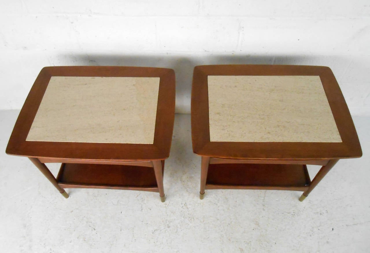 Late 20th Century Unique Mid-Century Modern Walnut and Marble Side Tables