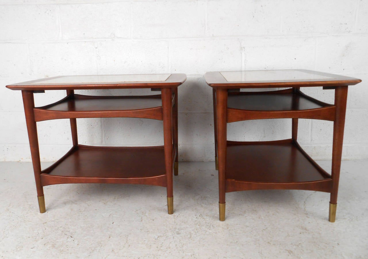 Unique Mid-Century Modern Walnut and Marble Side Tables In Good Condition In Brooklyn, NY