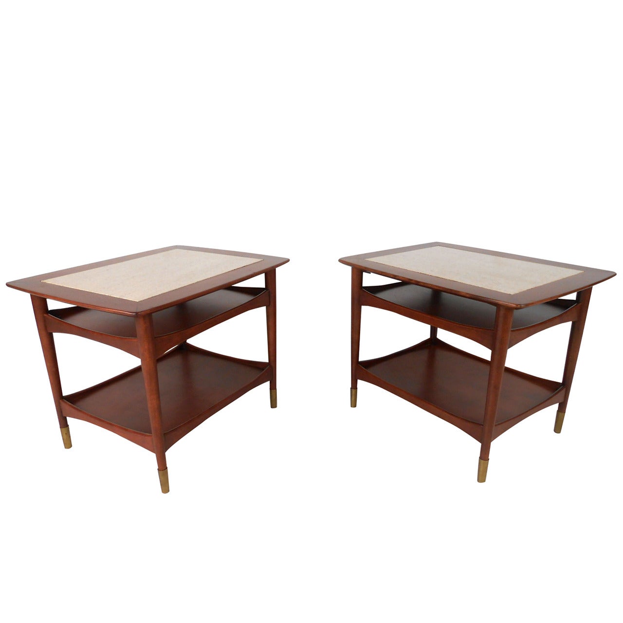Unique Mid-Century Modern Walnut and Marble Side Tables
