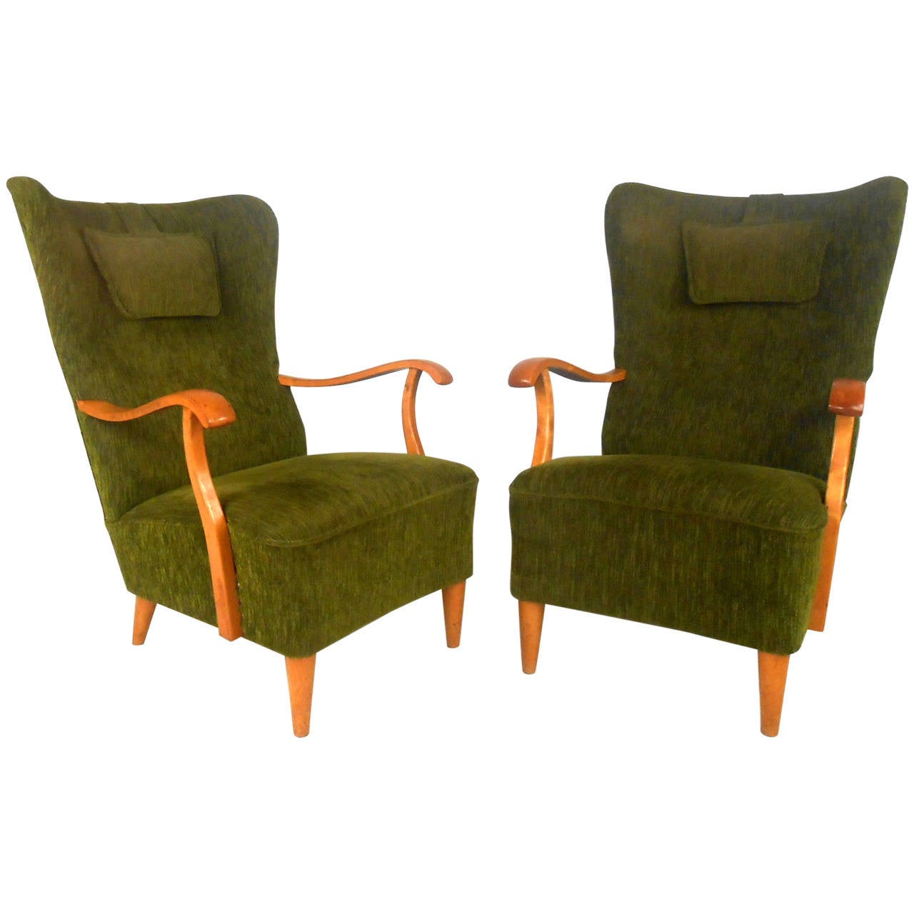 Pair of Unique MidCentury Modern High Back Lounge Chairs For Sale at