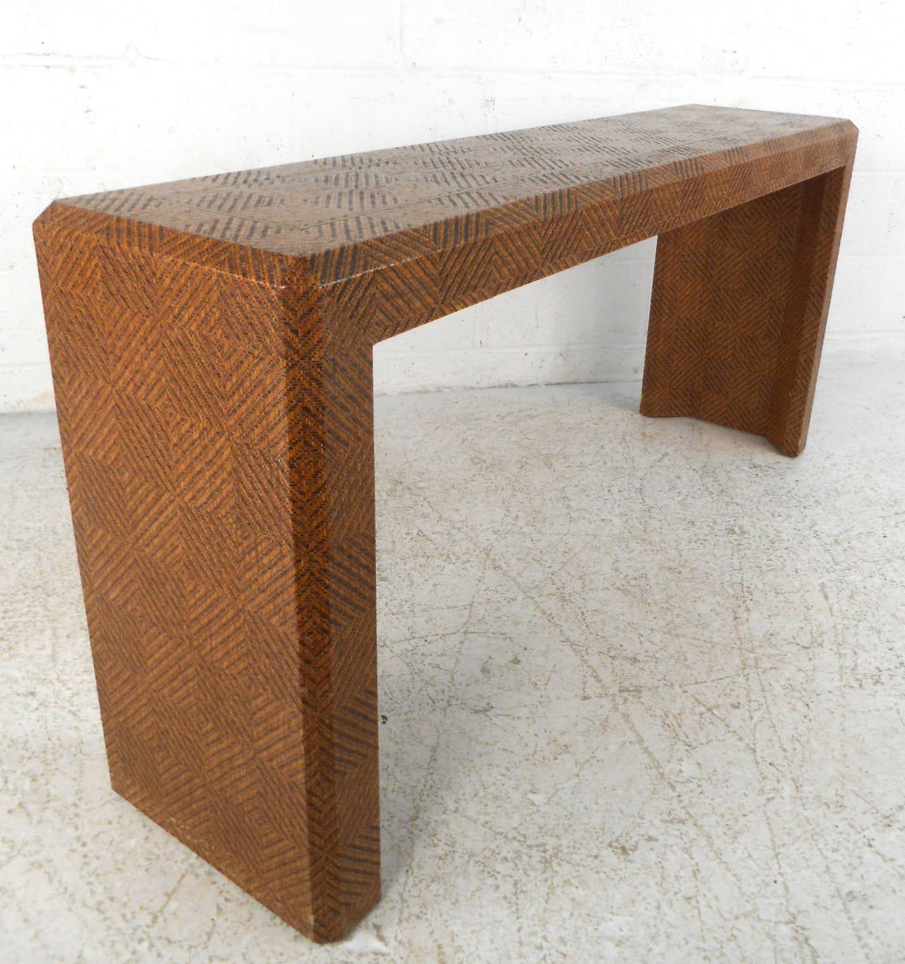 American Mid-Century Modern Woven Cane Springer Style Console Table with Brass Inlay