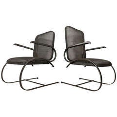 Vintage Pair Of Outdoor Spring Base Chairs In Striking Bare Metal Finish