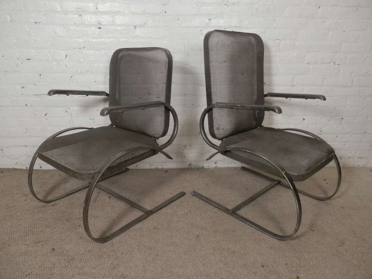 Pair Of Outdoor Spring Base Chairs In Striking Bare Metal Finish 1